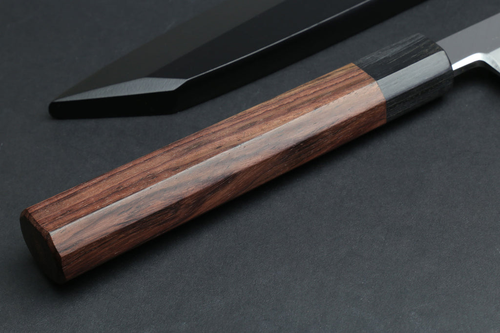 Rosewood handle with metal ferrule and Japanese yanagi blade