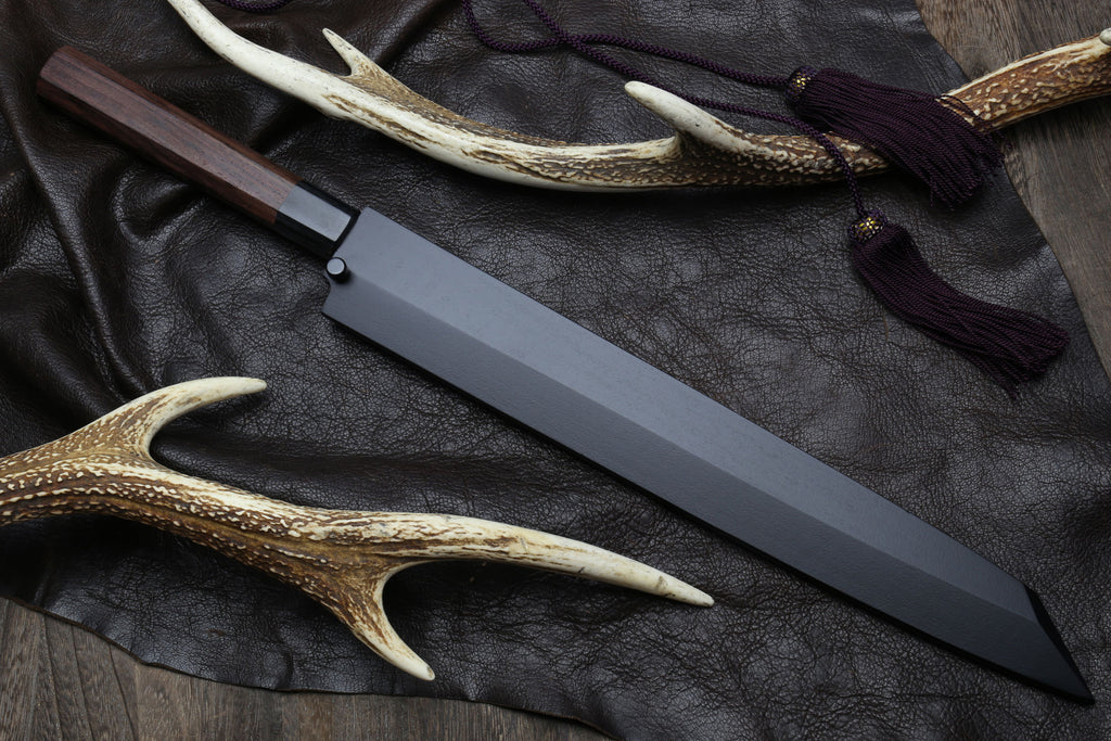 Japanese yanagi knife with sheath cover, cord tassel, and rosewood handle
