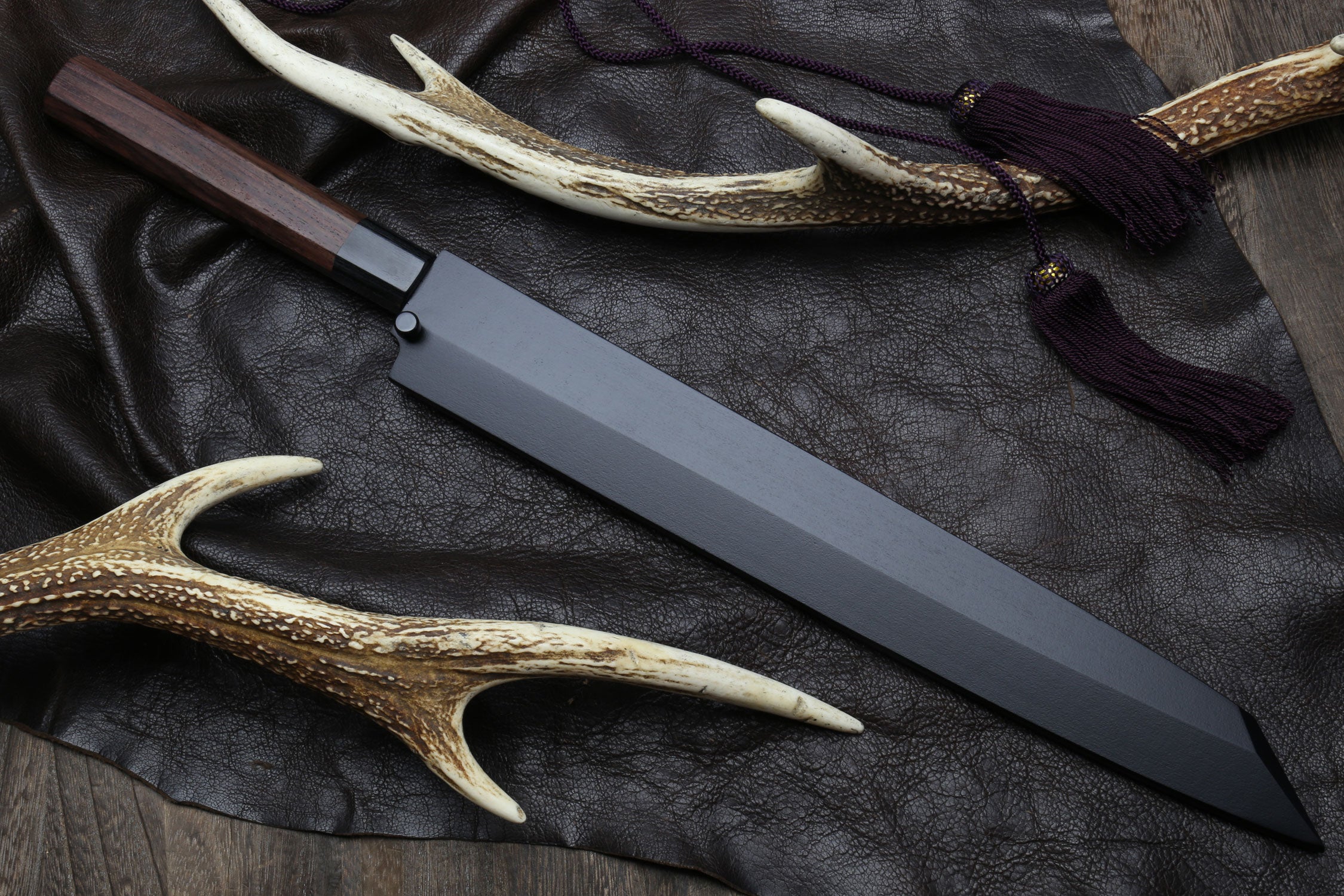Japanese yanagi knife with sheath cover, cord tassel, and rosewood handle