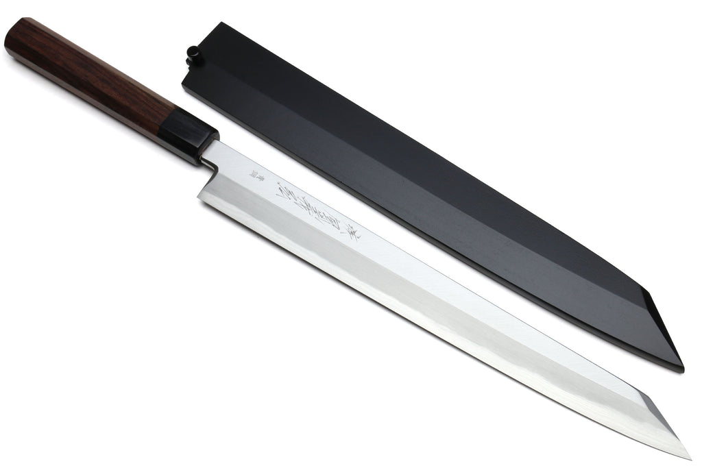 Japanese yanagi-kiritsuke knife with rosewood handle and dark saya cover