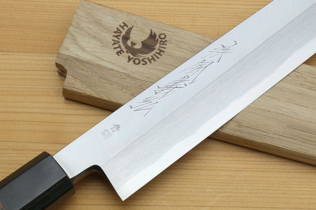 Yanagiba knife with rosewood handle, etched silver blade and traditional shape