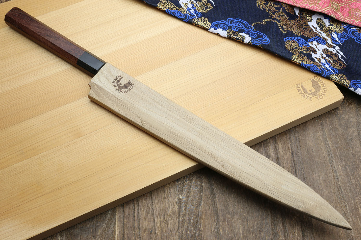 Yanagiba sashimi knife with rosewood handle, silver blade and pointed tip