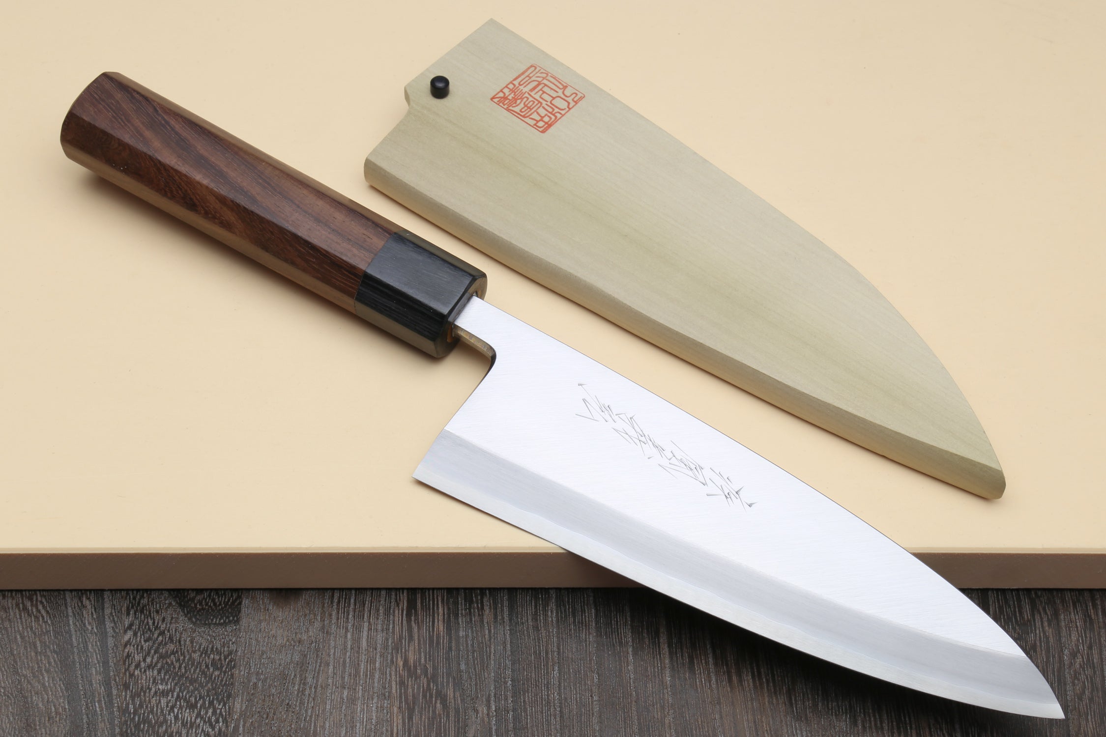 Deba fish fillet knife with white blade and shitan rosewood handle, single bolster