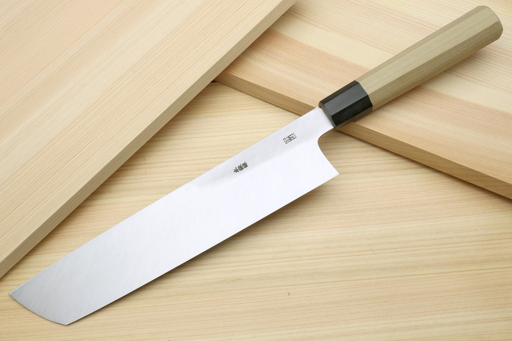 Japanese eel bone slicer knife with silver blade and light wood handle, black base
