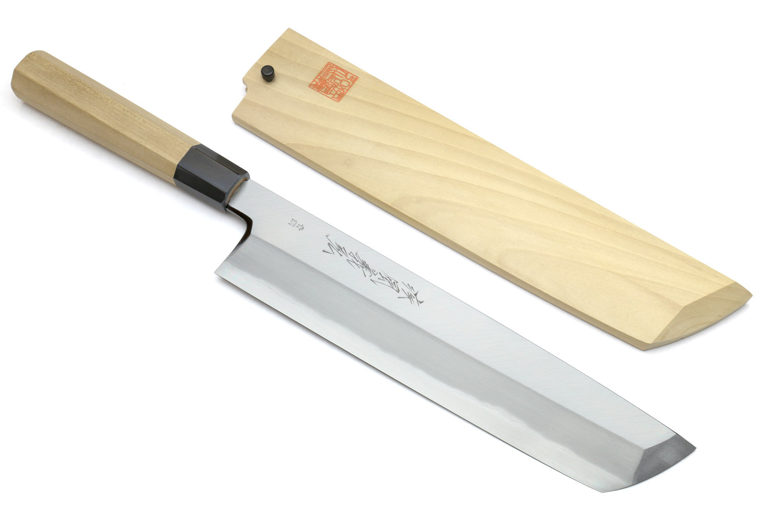 Japanese eel bone slicer knife with light wood handle, silver blade, and light wood sheath piece