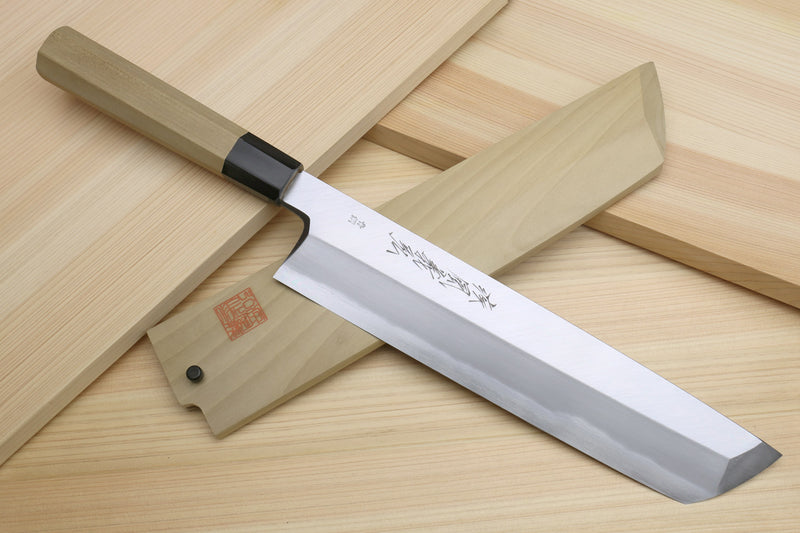 Japanese eel bone slicer knife with light wood handle, silver blade, and black collar