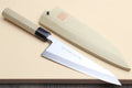 Japanese poultry boning knife with light magnolia handle and black collar, straight blade