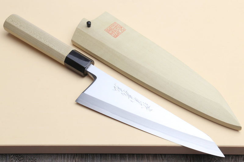Japanese poultry boning knife with light magnolia handle and black collar, straight blade