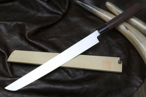 Japanese sushi knife with rosewood handle and light steel sakimaru blade, side view