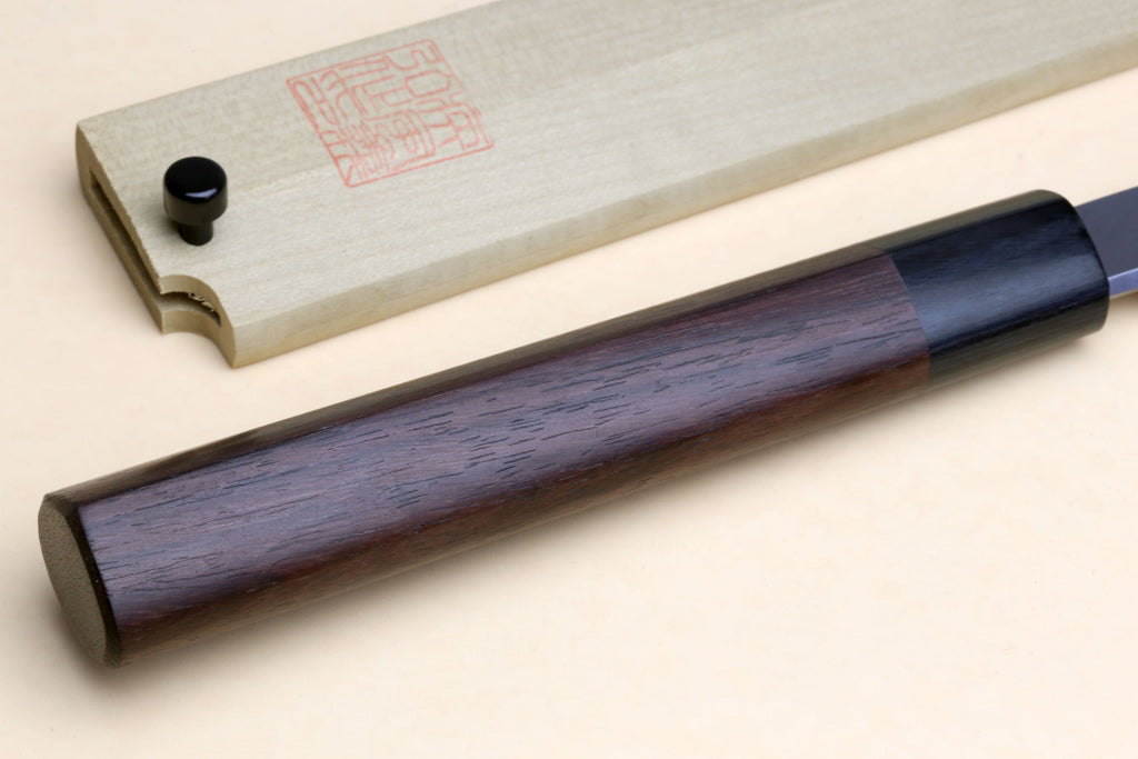 Japanese sushi knife with rosewood handle and pale wooden saya