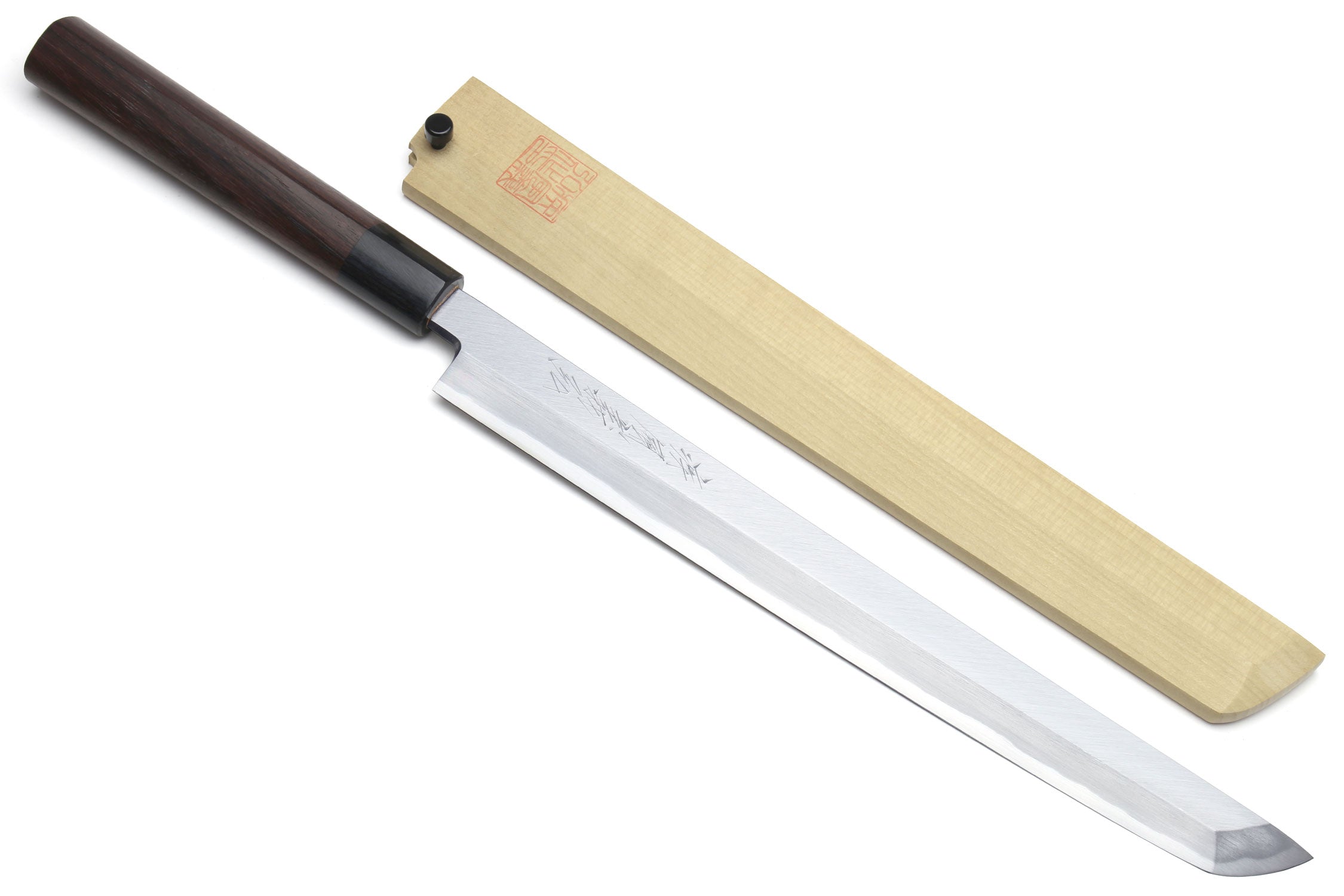 Japanese sushi knife with rosewood handle and pale wooden saya, full set