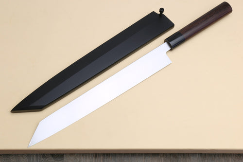Yanagi-kiritsuke sushi knife with dark saya cover and white blade