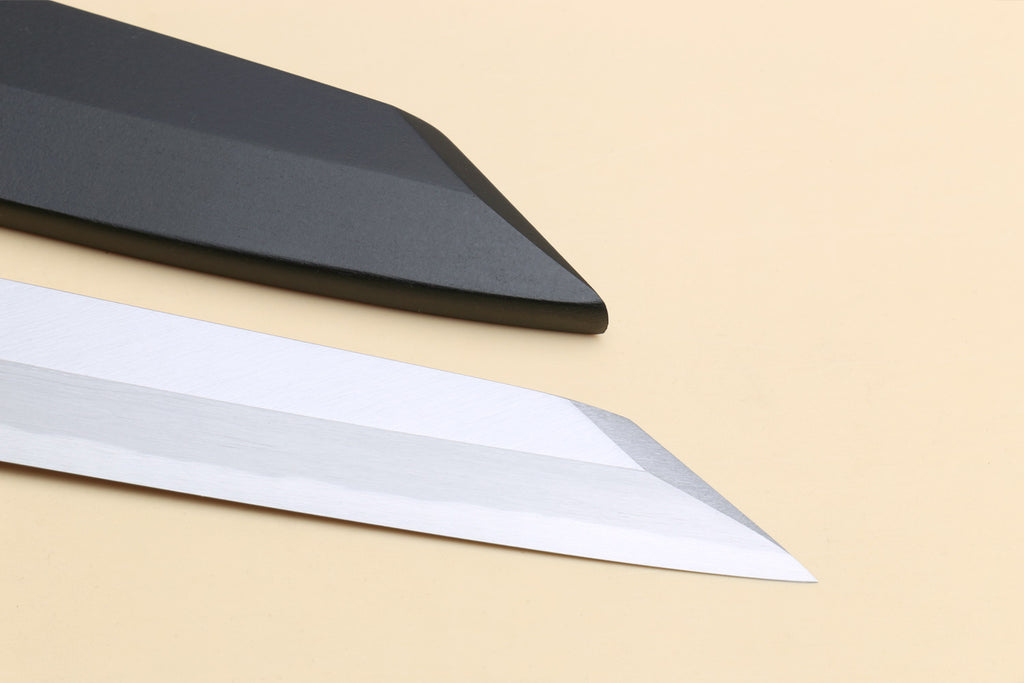 Sushi knife blade tip and edge with dark saya cover