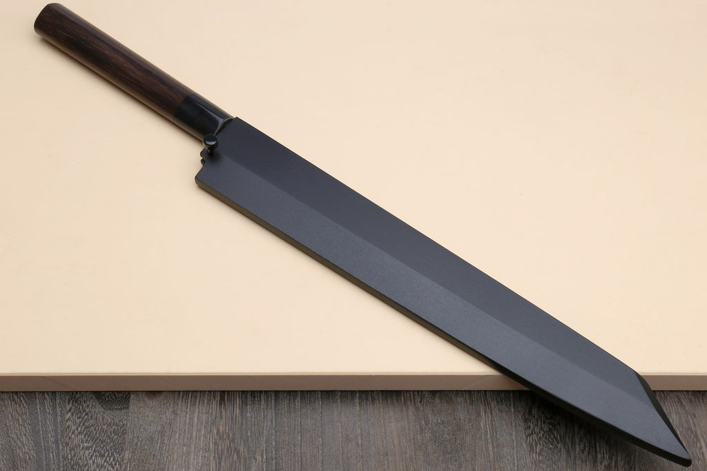 Sushi sashimi knife with dark saya cover and rosewood handle