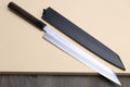 Yanagi-kiritsuke sushi knife with dark saya cover and rosewood handle