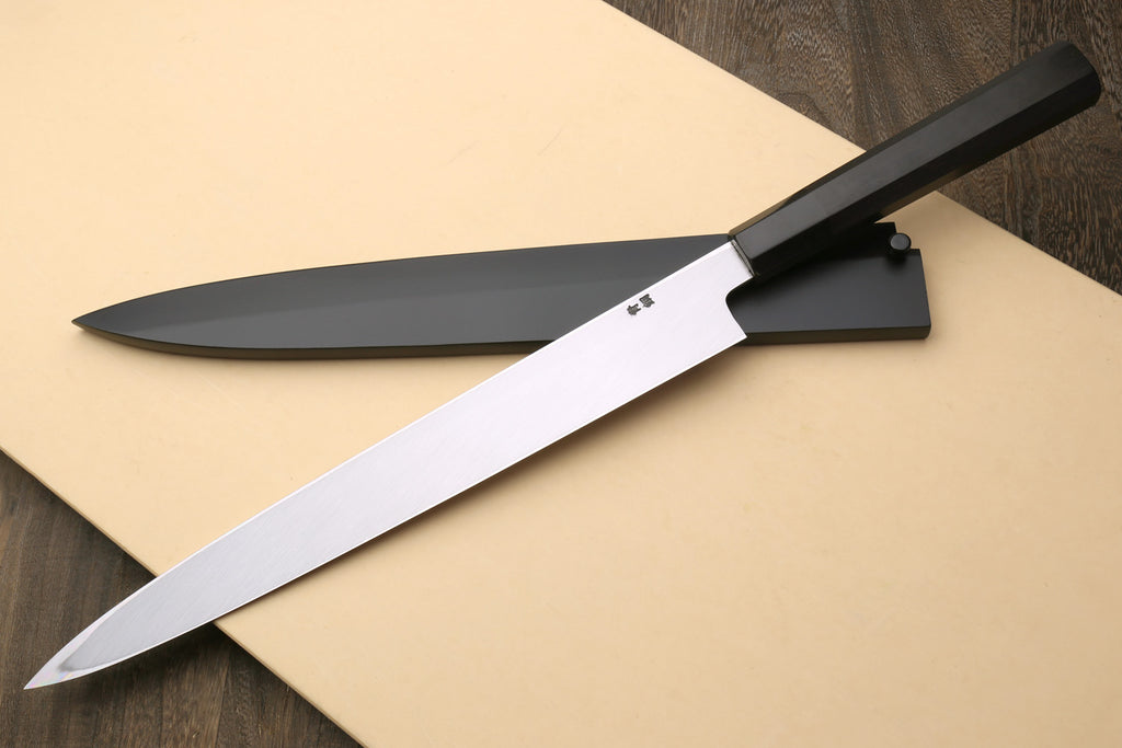 Yanagi sushi knife with dark handle and long yanagi blade