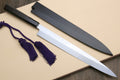 Yanagi sushi knife with dark ebony handle and mirror-finished blade, purple cord tassels