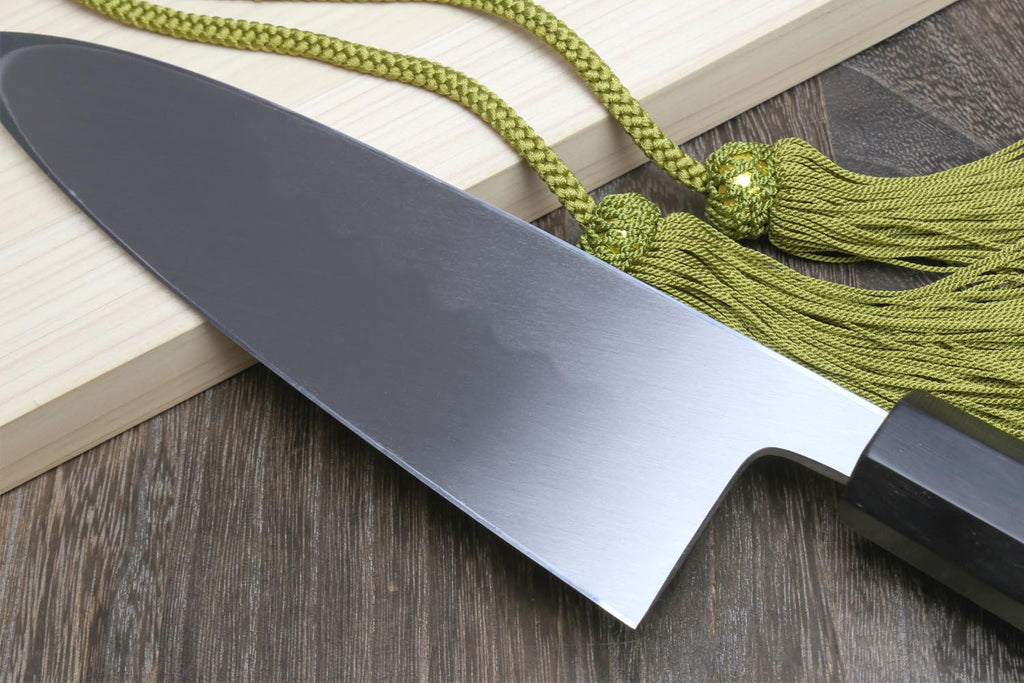 Mirror-finished deba sushi fillet knife with dark handle and green braided cord