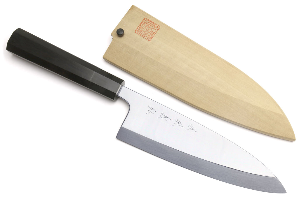 Deba sushi fillet knife set with mirror blade and light wooden saya
