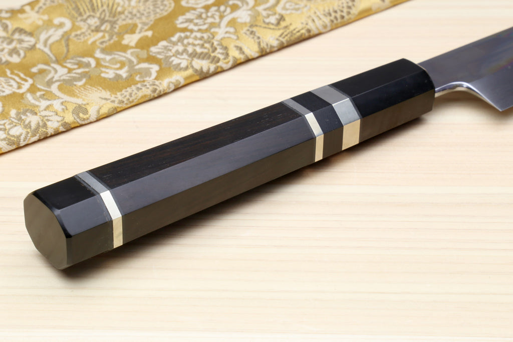 Japanese yanagiba sushi knife handle end with black, gray, and silver striped bands