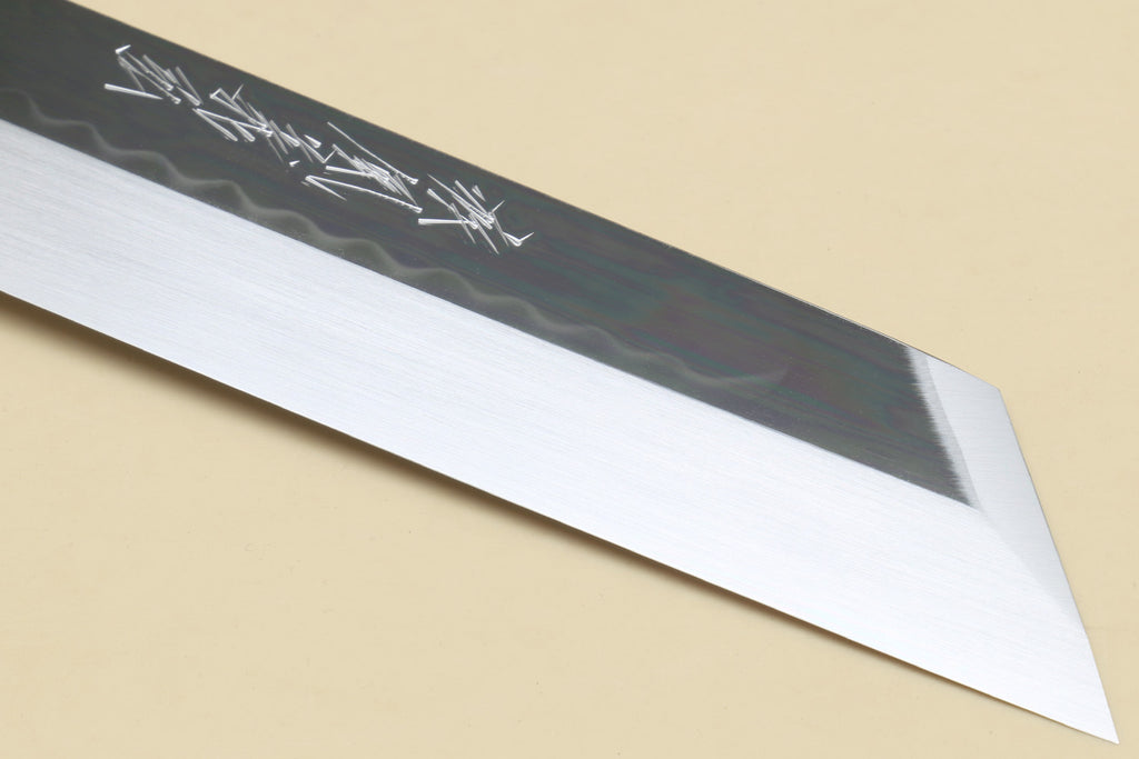 Japanese vegetable knife blade tip with mirror-finished cutting edge