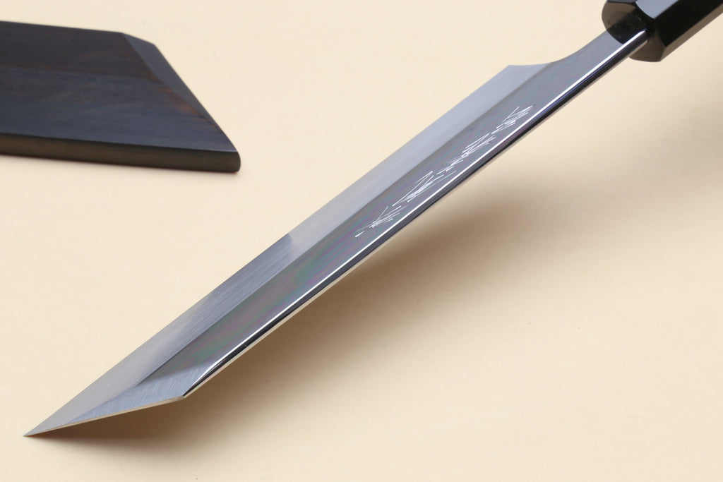Japanese vegetable knife with long mirror-finished blade and black saya cover