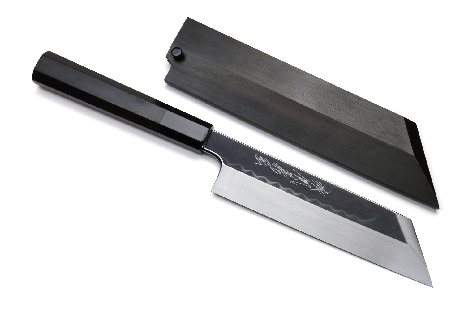 Japanese vegetable knife and black saya covers with mirror-finished blades