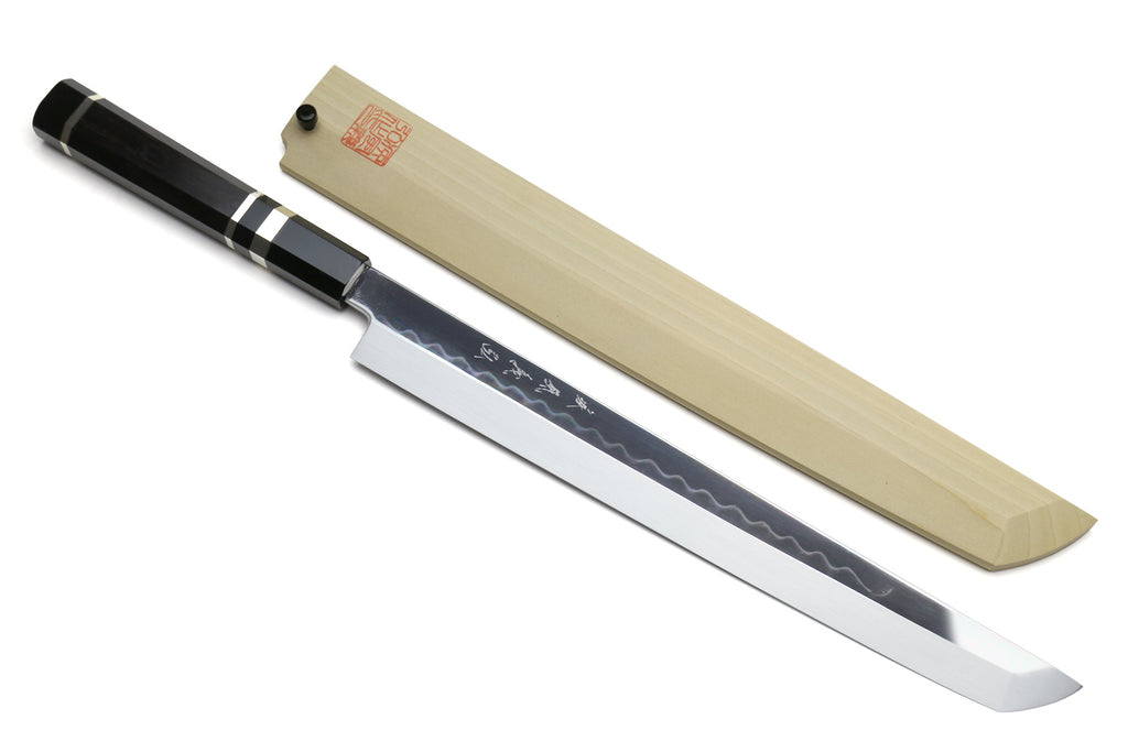 Japanese sushi knife pair with mirror blades and black handle with checkered bolster