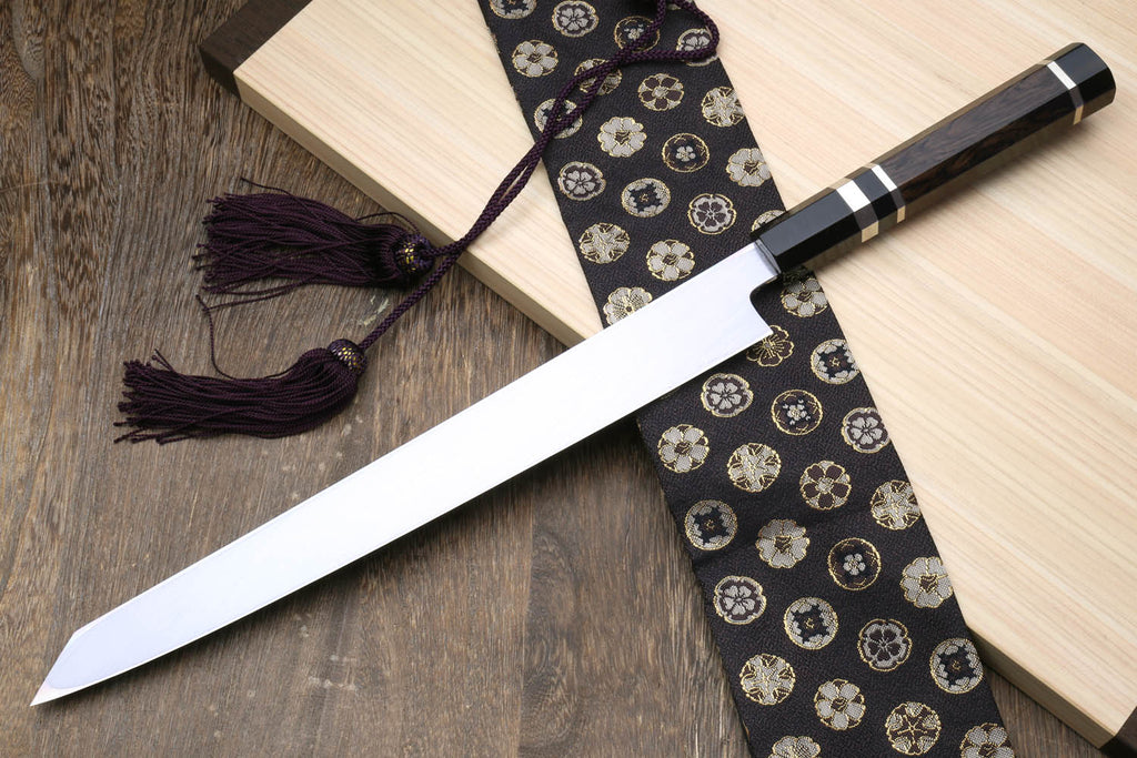 Yoshihiro Japanese sushi knife with mirror blade, ebony handle, purple tassel cord