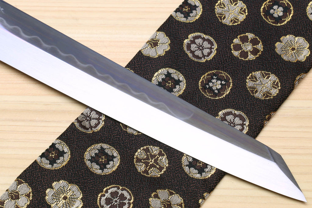 Yoshihiro Japanese sushi knife, mirror-finished blade with wavy hamon texture