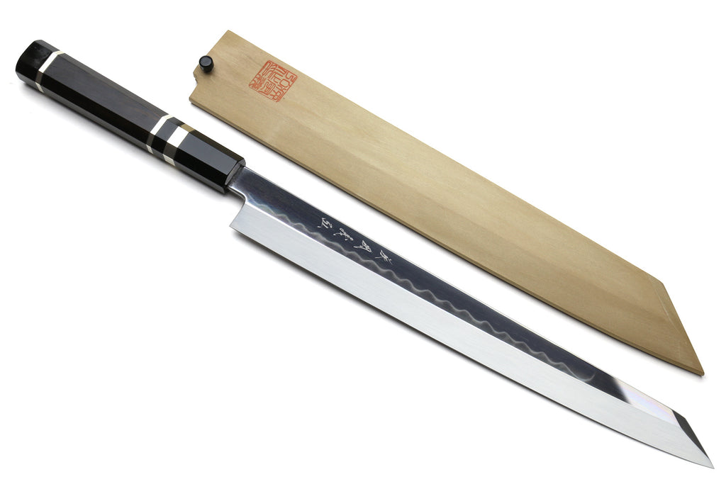 Yoshihiro Japanese sushi knife with mirror blade, ebony handle, wooden saya