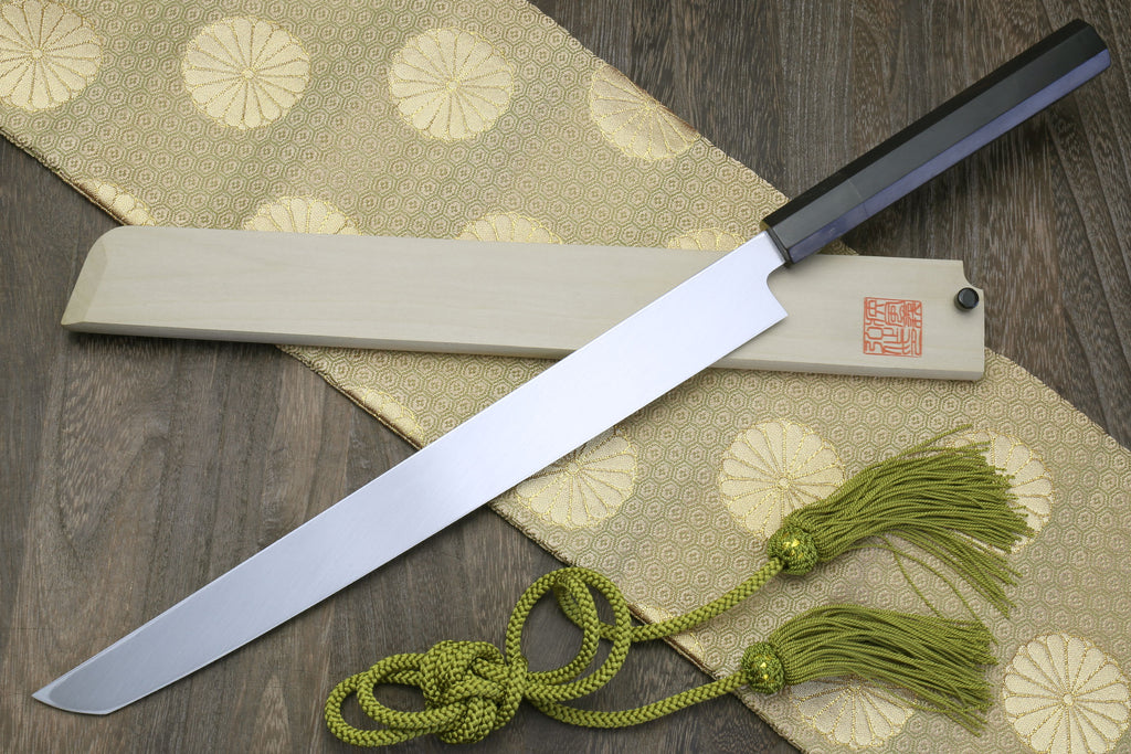 Sushi sashimi knife with long mirror-finished blade and dark ebony handle, green cord tied.
