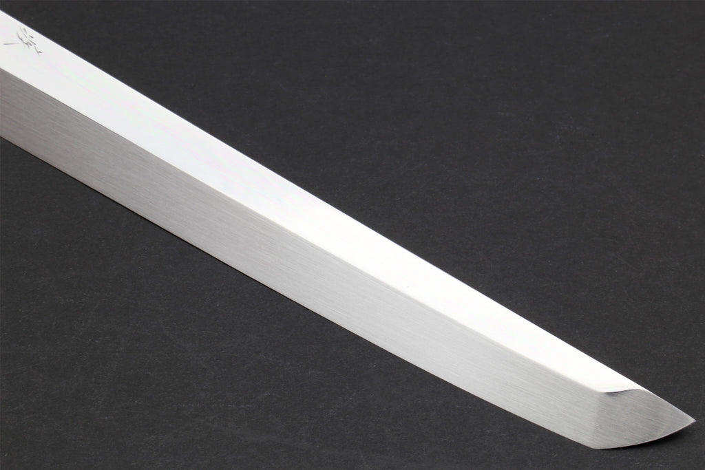 Mirror-finished sushi knife blade with pointed tip and smooth edge.