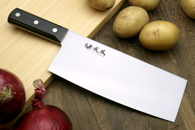 Chinese-style chef cleaver knife with black handle and white metal blade