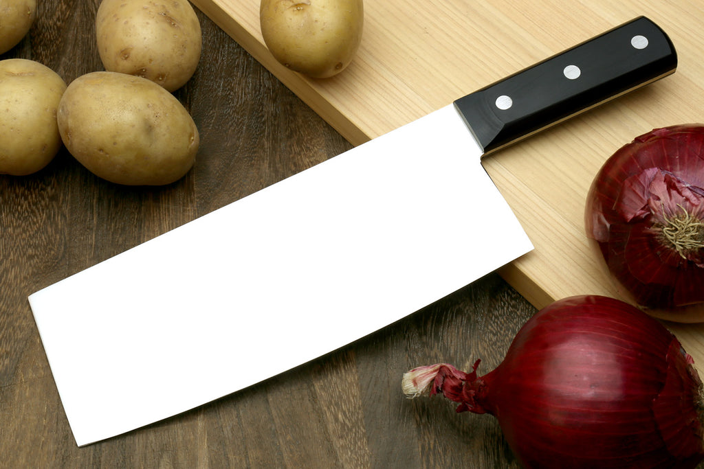 Chinese-style chef cleaver knife with black handle and wide steel blade