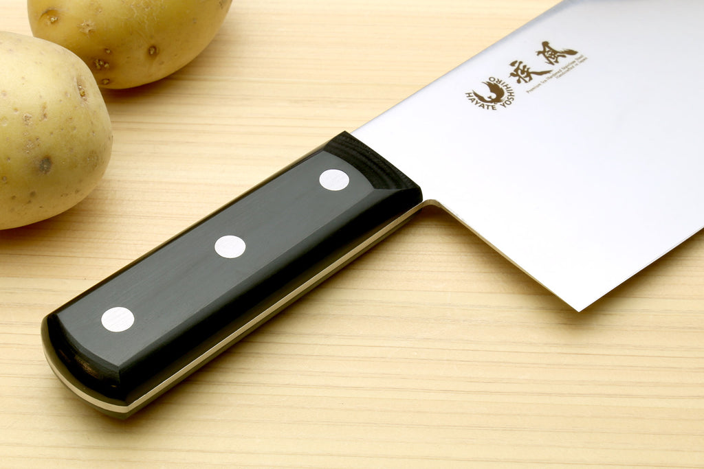 Chinese-style chef cleaver knife with black handle and steel blade