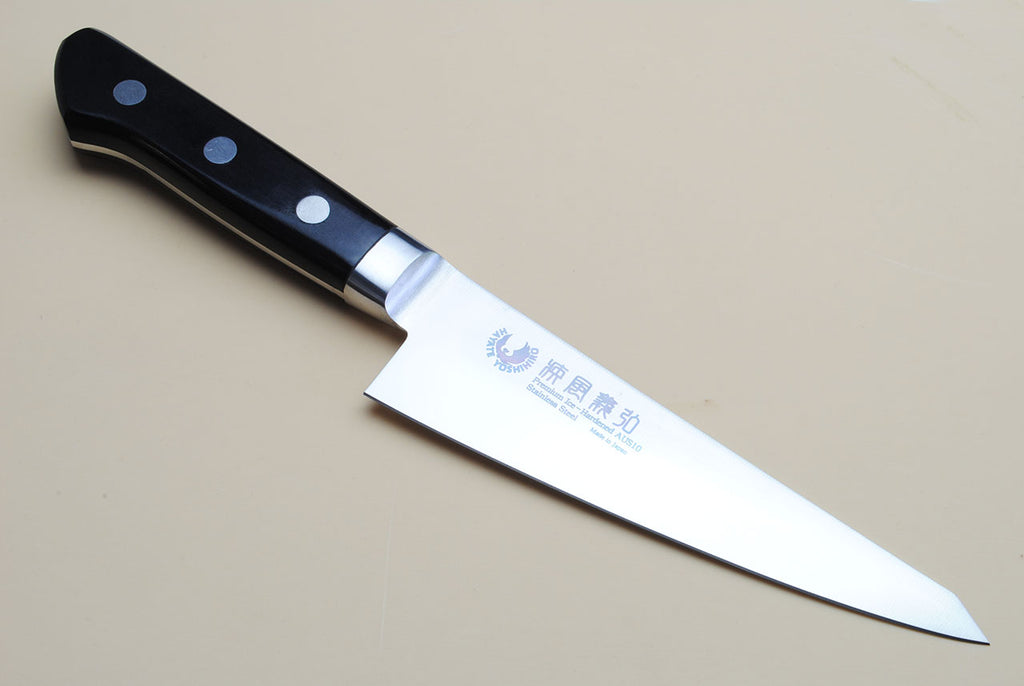 Poultry boning knife with dark blue handle and pointed stainless steel blade