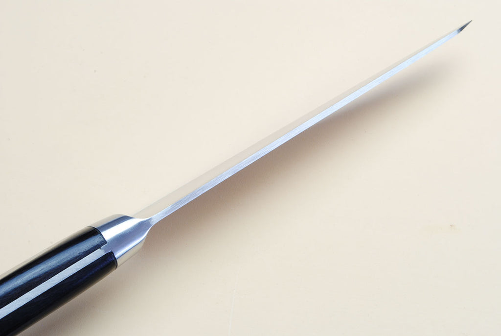 Poultry boning knife with dark blue handle and long narrow tip