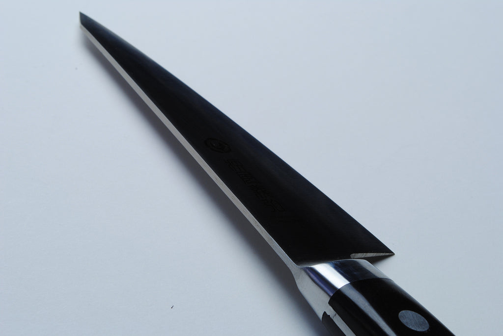 Poultry boning knife side view with dark blue handle and narrow blade