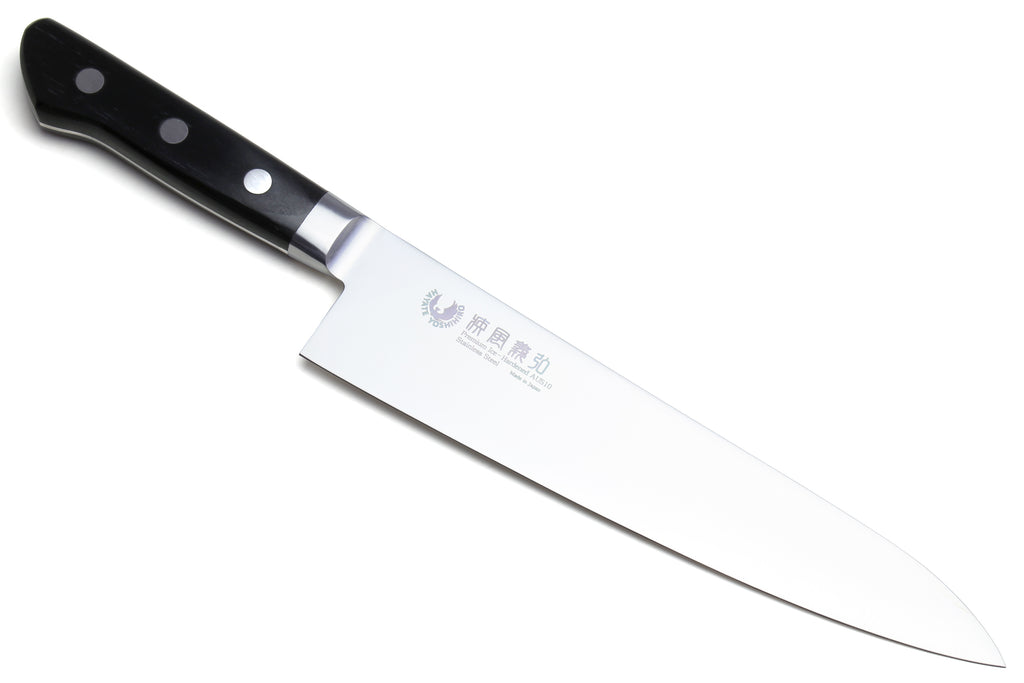 Stain-resistant gyuto chef knife with black handle and wide silver blade