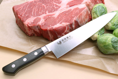 Stain-resistant gyuto knife with black handle and silver blade, angled view