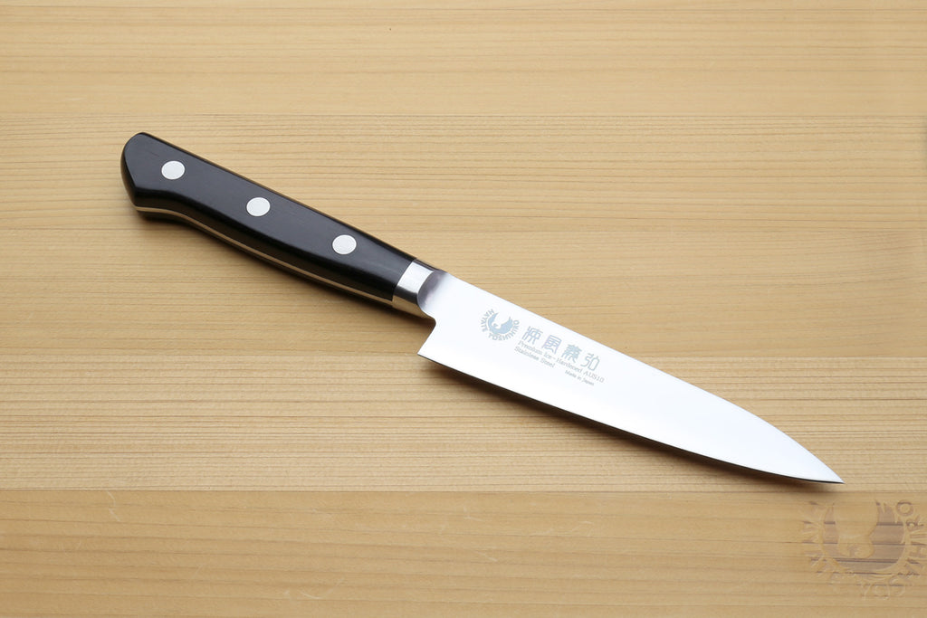 Stain-resistant petty utility knife with dark handle and white steel 120mm blade
