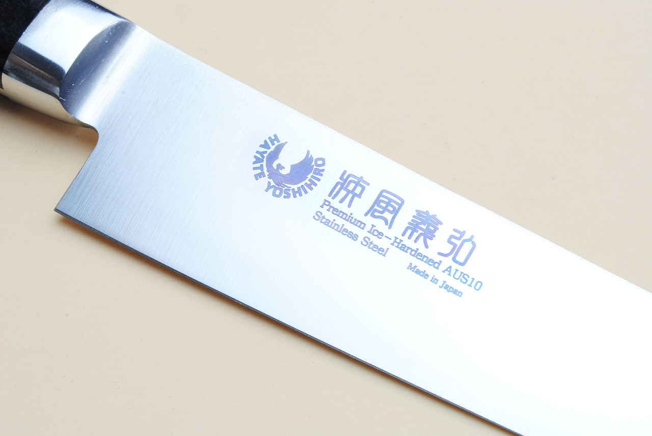 Stain-resistant petty knife blade with branding and polished steel edge