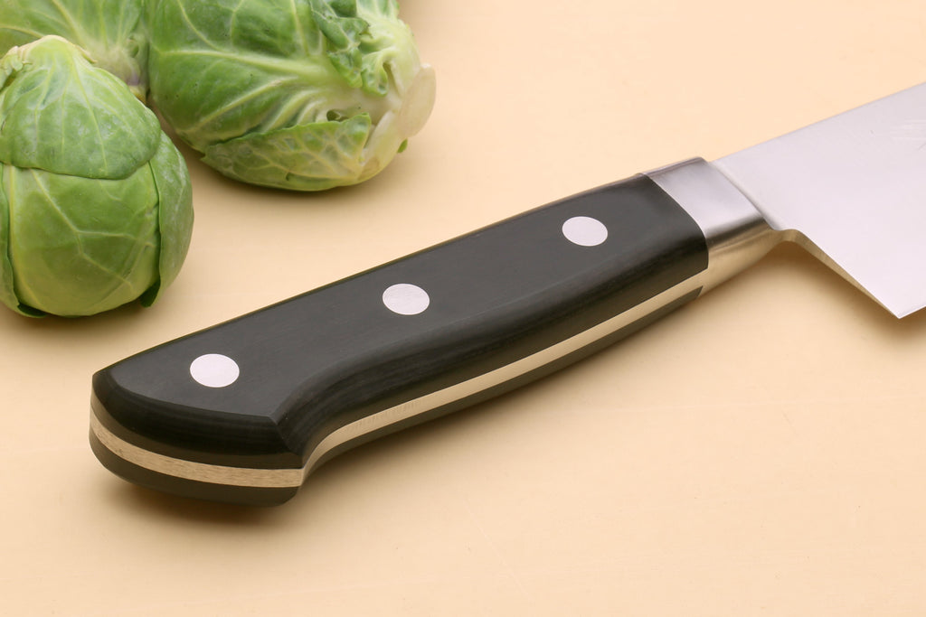 Double-edged deba fillet knife handle with dark scales and metal rivets, side view