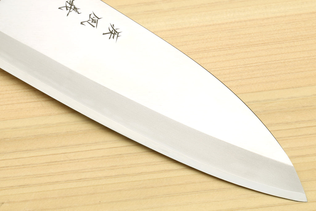 Japanese deba knife close-up of long stainless blade