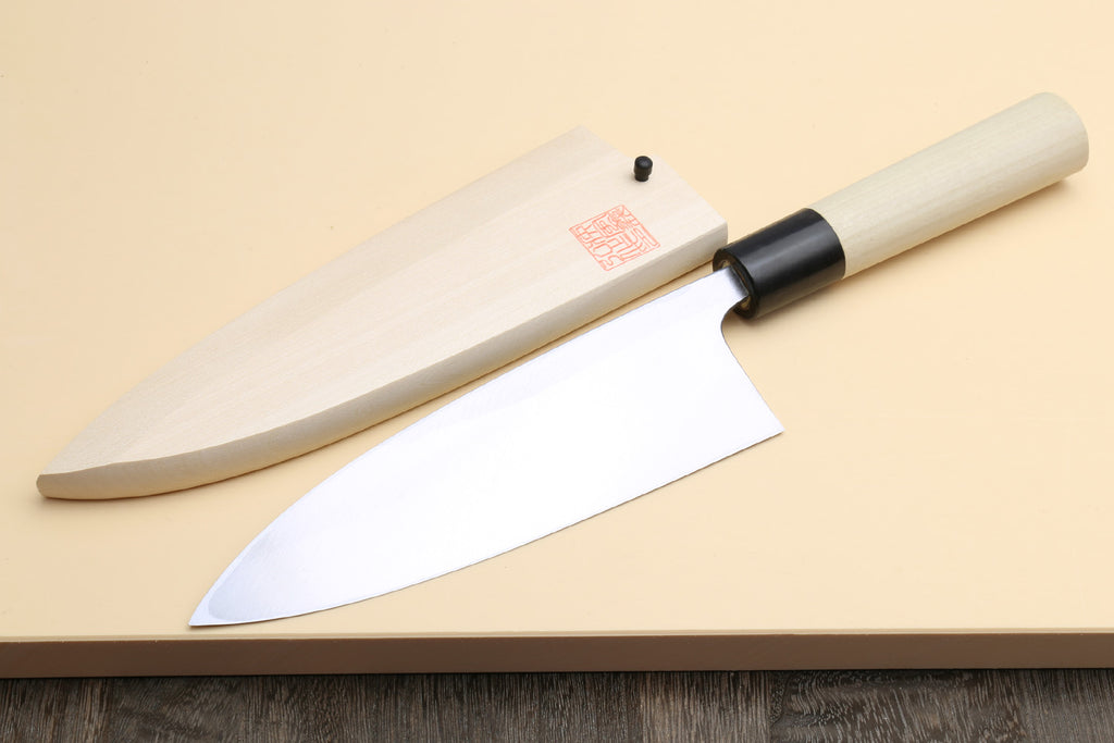 Deba fish fillet knife with white blade, magnolia wood handle, and black spine collar