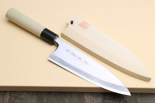 Fish fillet deba knife with white steel blade, light magnolia handle, black ferrule