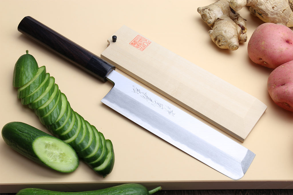 Traditional Japanese vegetable chef knife with white steel blade and rosewood handle