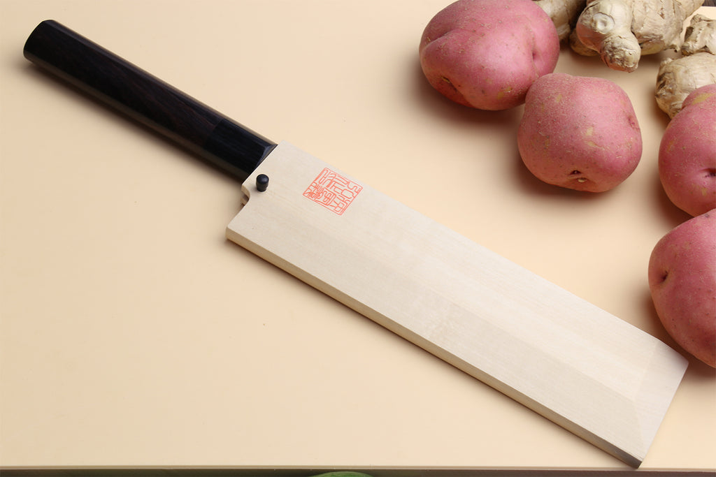Traditional Japanese vegetable chef knife with white steel blade and dark rosewood handle