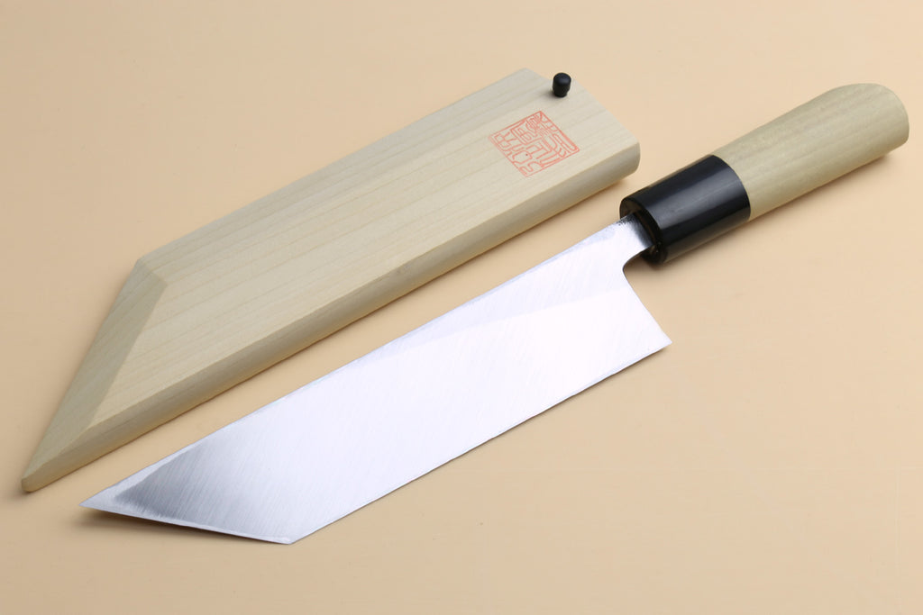 Edosaki eel filet knife with light wood sheath and partially exposed steel blade
